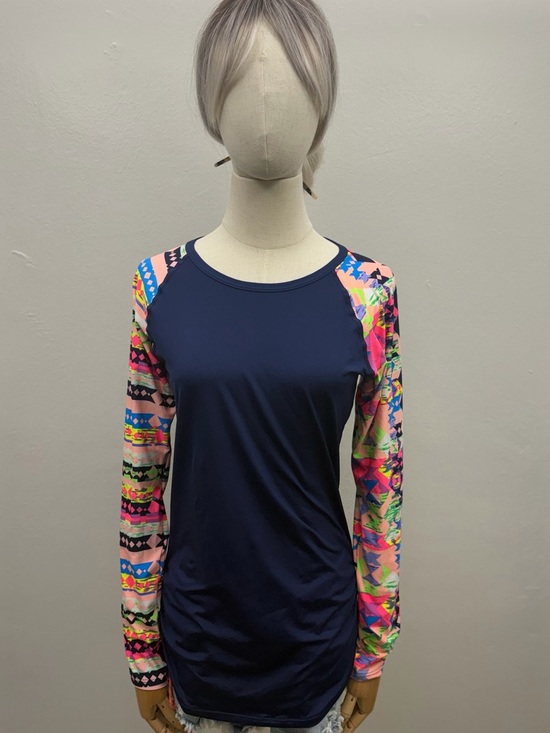 TYR Tops - TYR Long Sleeve Rash Guard Swim Top Navy Multicolor Print Girls L 10/12 Women SM